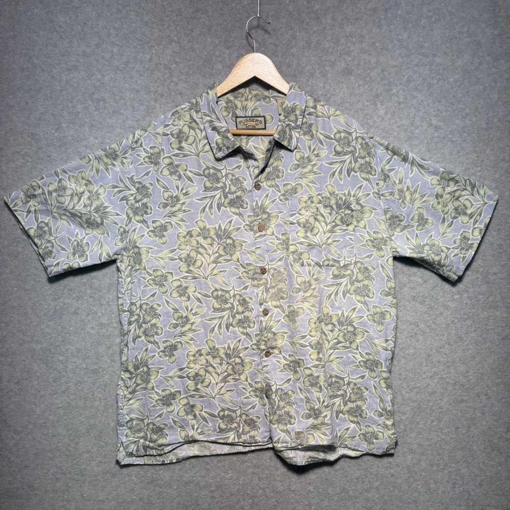 Pusser's Island Style Men Large Floral Linen Short Sleeve Button Up Shirt Blue
